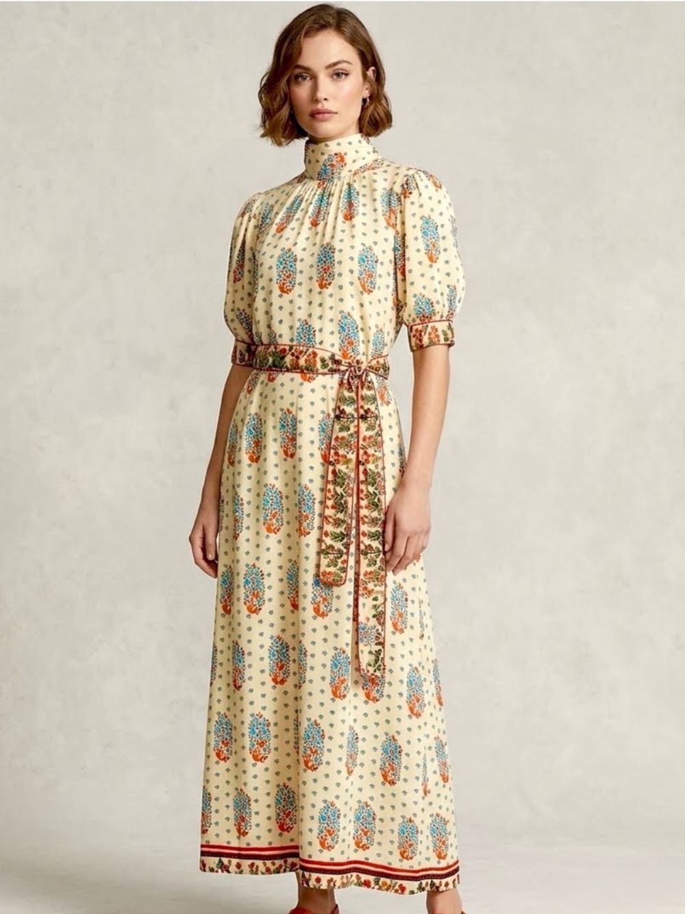 Hunter Bell Langley Fall Floral Cream Print Mock Neck Midi Dress, Size 12, NWT